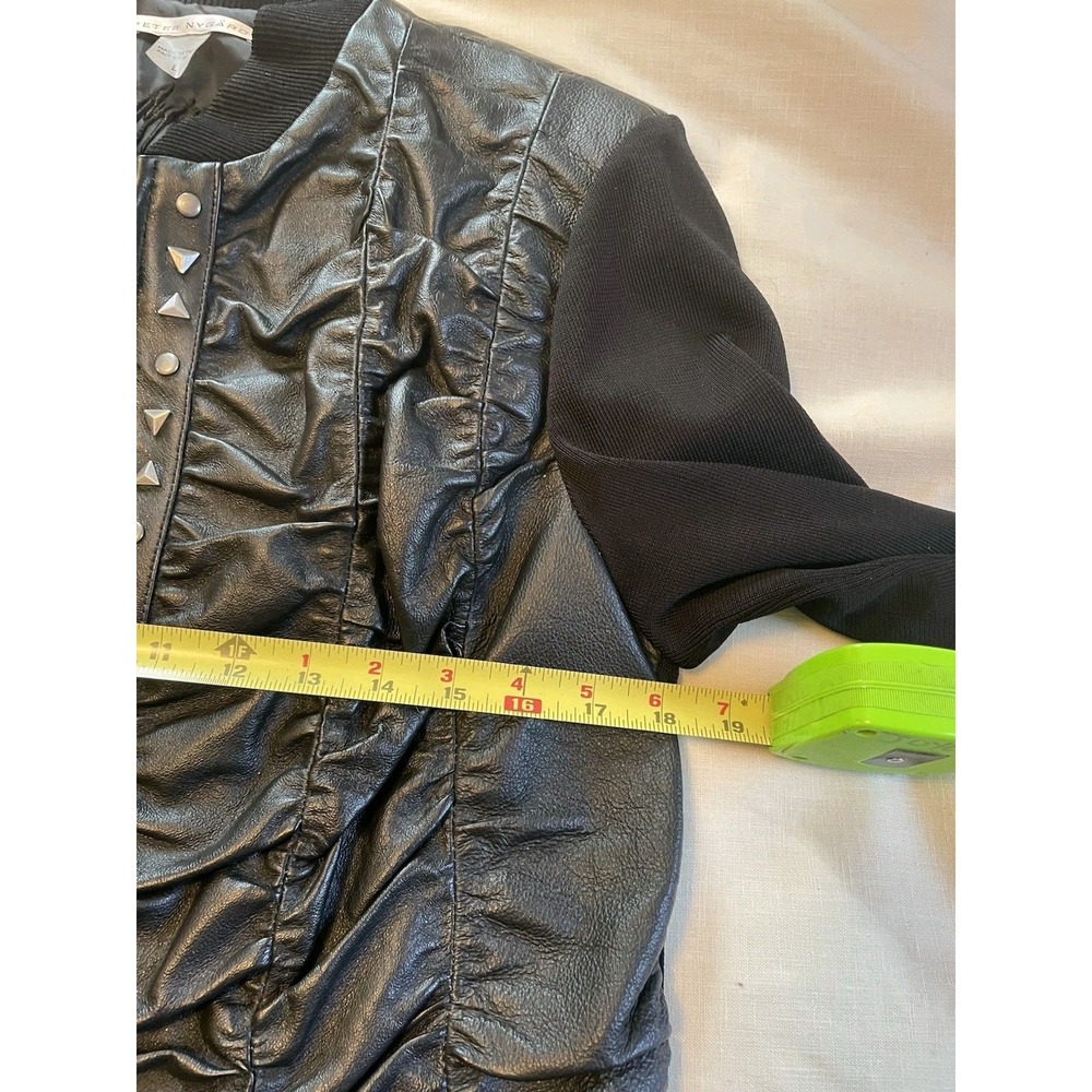 Peter Nygard Womens Black Leather Studded Ruched Knit Bomber Jacket Size L Edgy - Picture 8 of 10